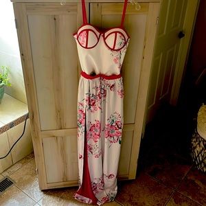 Floral Pink and White Maxi Skirt with Red Trim